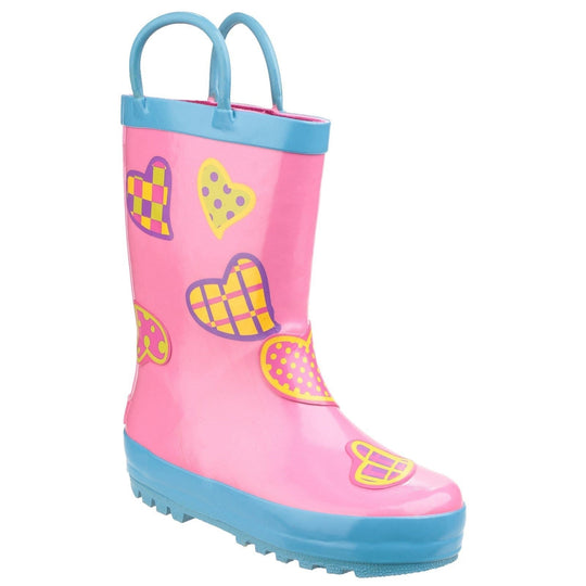 Childrens Wellington Boots | Cotswold Puddle Pull On Kids Wellies - Pink & Blue Hearts