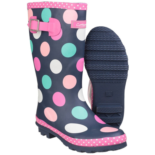 Childrens Wellington Boots Cotswold Dotty Jnr Pull On Kiddies Wellies - Navy / Pink Spotty