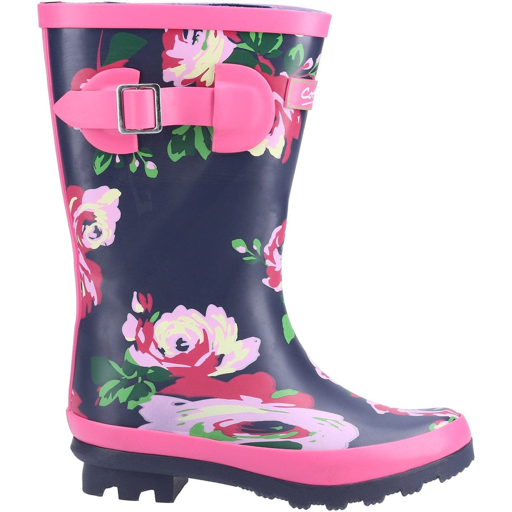 Childrens Wellington Boots Cotswold Flower Girls Wellies Navy Blue & Pink Flowers