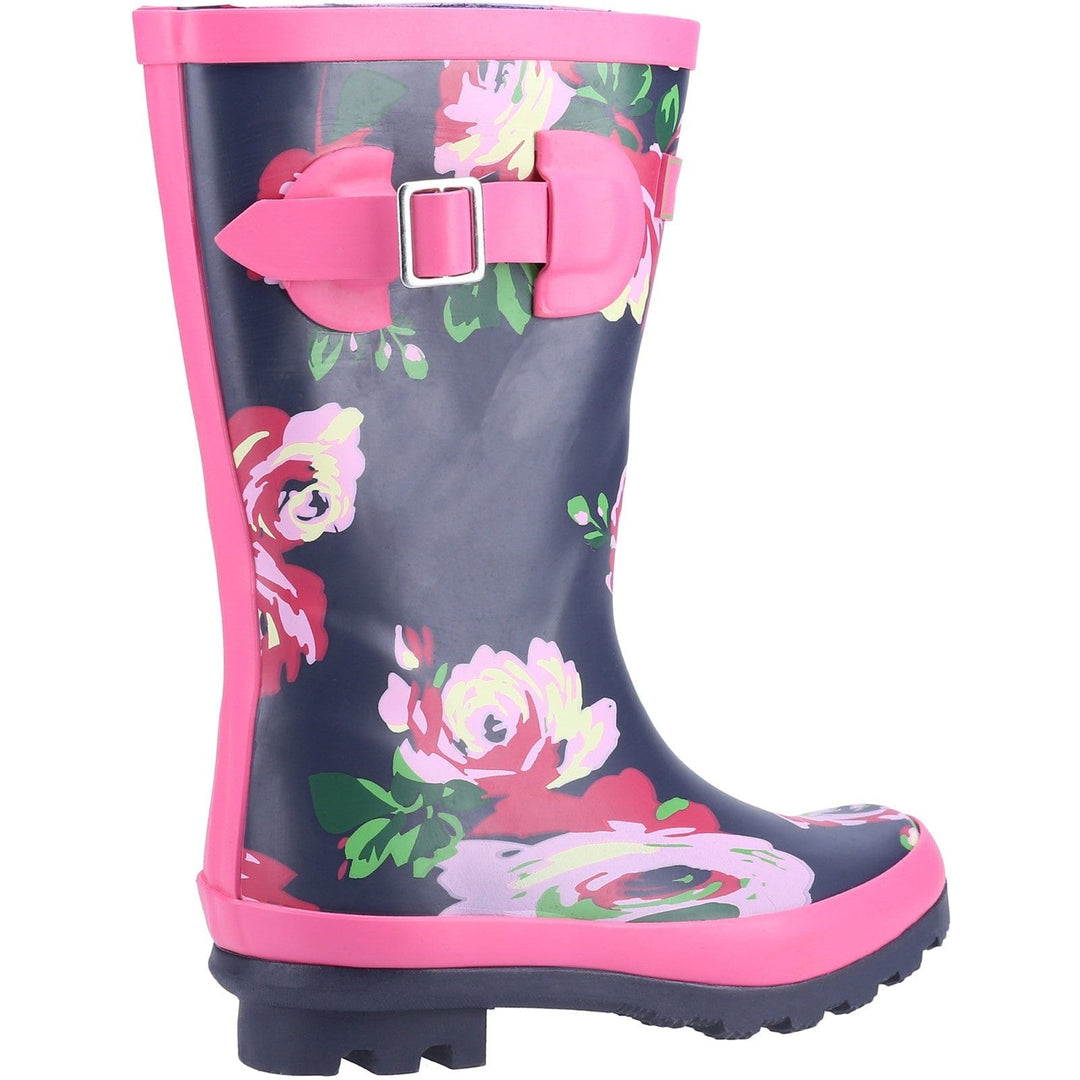 Childrens Wellington Boots Cotswold Flower Girls Wellies Navy Blue & Pink Flowers