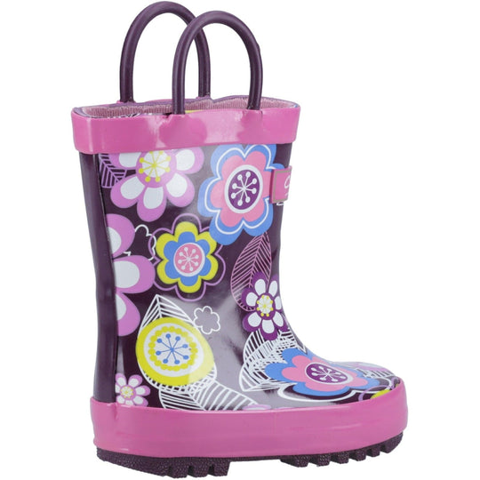 Girls Wellies Cotswold Puddle Flowers Childrens Wellington Boots - Purple & Pink Flower