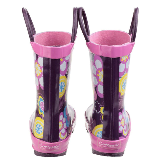 Childrens Wellington Boots Cotswold Puddle Pull On Kids Wellies - Pink & Purple Flowers
