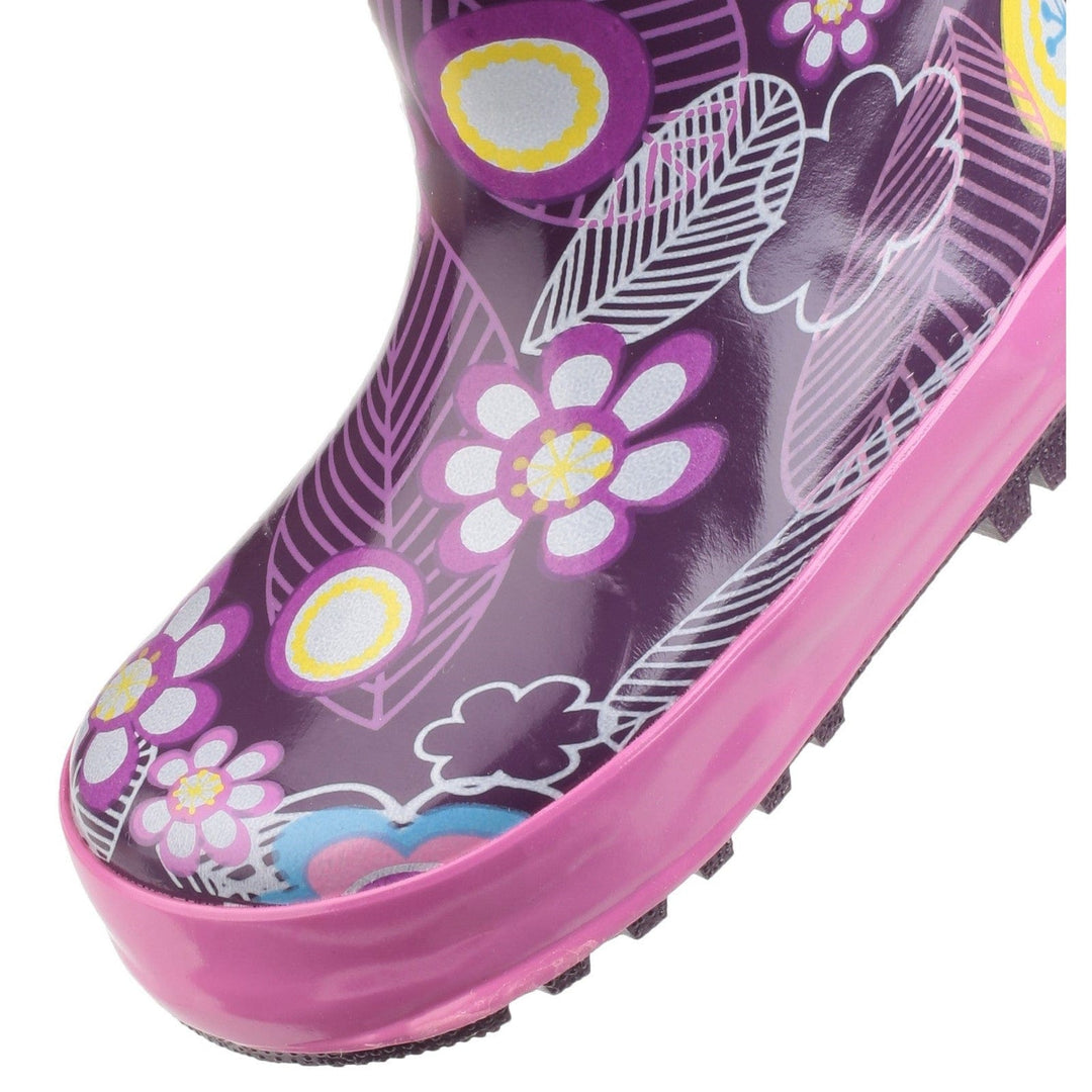 Childrens Wellington Boots | Cotswold Puddle Pull On Kids Wellies - Pink & Purple Flowers