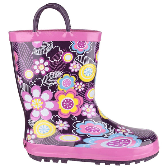 Childrens Wellington Boots | Cotswold Puddle Pull On Kids Wellies - Pink & Purple Flowers