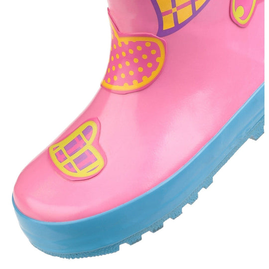 Childrens Wellington Boots Cotswold Puddle Pull On Kids Wellies - Pink & Blue Hearts