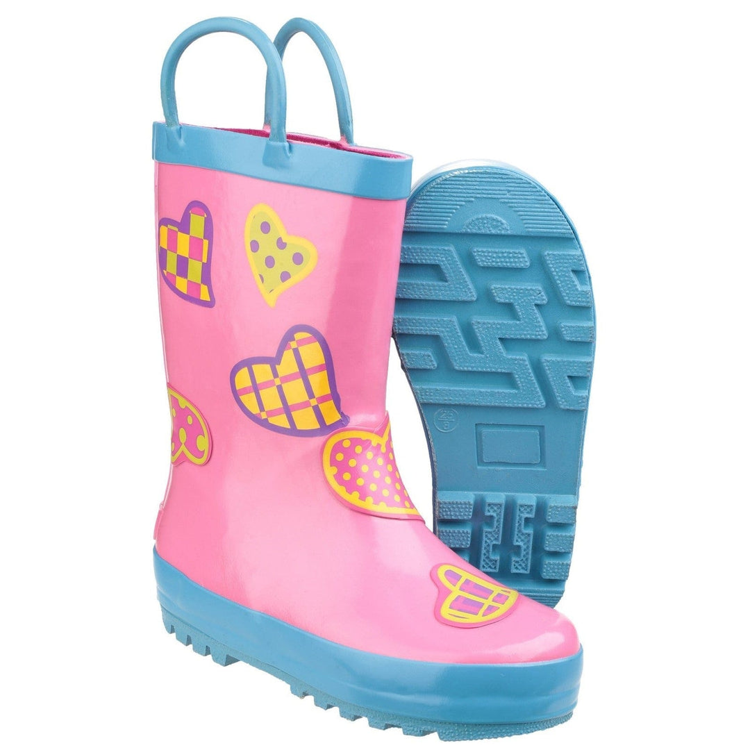 Childrens Wellington Boots Cotswold Puddle Pull On Kids Wellies - Pink & Blue Hearts
