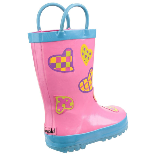 Childrens Wellington Boots | Cotswold Puddle Pull On Kids Wellies - Pink & Blue Hearts