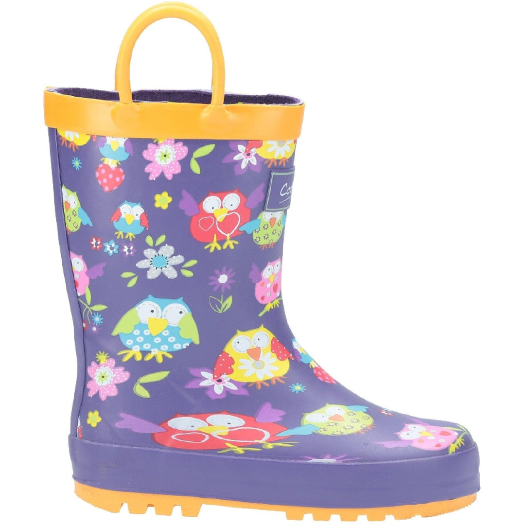 Kids Wellies Cotswold Puddle Pull On Childrens Wellingtons - Purple & Yellow Owls