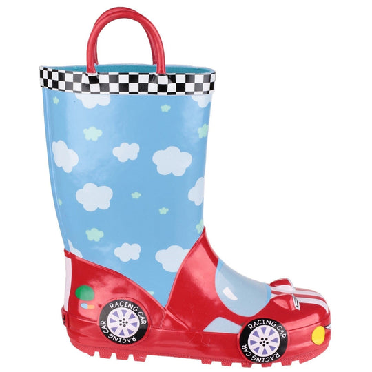 Childrens Wellingtons Cotswold Puddle Racer Waterproof Pull On KIds Wellies - Racing Car - Blue & Red