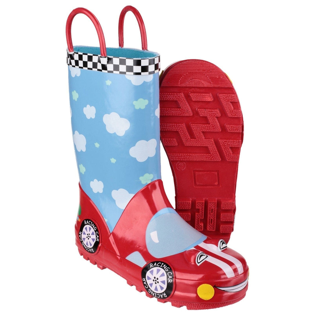 Childrens Wellingtons Cotswold Puddle Racer Waterproof Pull On KIds Wellies - Racing Car - Blue & Red