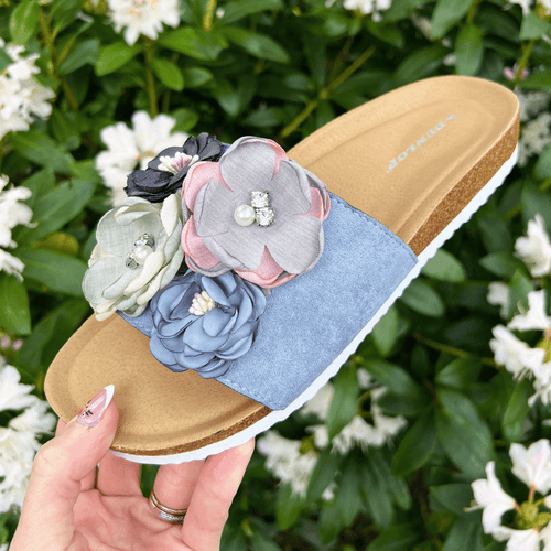 Womens Sliders - Blue Floral Sandals