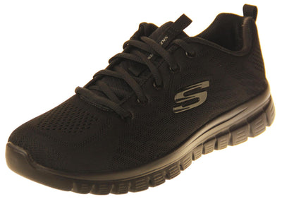 Ladies black Sketcher trainers made of lightweight sketch knit mesh fabric. Black S logo on the side and lace up fastening. Memory foam insole with black shock absorbing outsole. Left foot view.