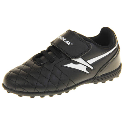 Astro turf boots. Black football trainers with stitching detail to the toes to give a quilted appearance. The touch close fastening and elasticated lace detail to the front. White Gola logo to the side and white Gola branding to the touch fasten strap. Black sole with small Astro turf studs to the base. Left foot at an angle.