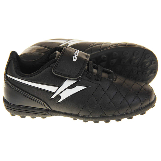 Astro turf boots. Black football trainers with stitching detail to the toes to give a quilted appearance. The touch close fastening and elasticated lace detail to the front. White Gola logo to the side and white Gola branding to the touch fasten strap. Black sole with small Astro turf studs to the base. Both feet from side profile with the left foot on its side to show the sole.