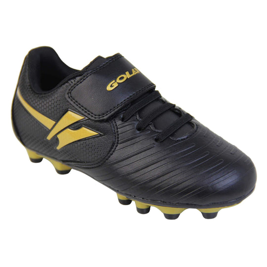Kids football boots. Black football boots with line detailing to the toes. Touch close fastening and elasticated lace detail to the front. Gold Gola logo to the side and gold Gola branding to the touch fasten strap. Black sole with gold accents and studs to the base. Right foot at an angle.