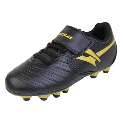 Kids football boots. Black football boots with line detailing to the toes. Touch close fastening and elasticated lace detail to the front. Gold Gola logo to the side and gold Gola branding to the touch fasten strap. Black sole with gold accents and studs to the base. Left foot at an angle.