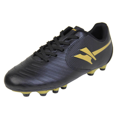 Kids football boots. Black football boots with line detailing to the toes. Lace-up fastening to the front. Gold Gola logo to the side and gold Gola branding to the tongue. Black sole with gold accents and studs to the base. Left foot at an angle.