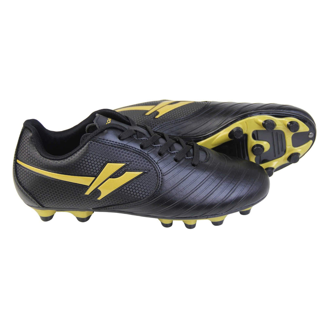 Kids football boots. Black football boots with line detailing to the toes. Lace-up fastening to the front. Gold Gola logo to the side and gold Gola branding to the tongue. Black sole with gold accents and studs to the base. Both feet from side profile with the left foot on its side to show the sole.