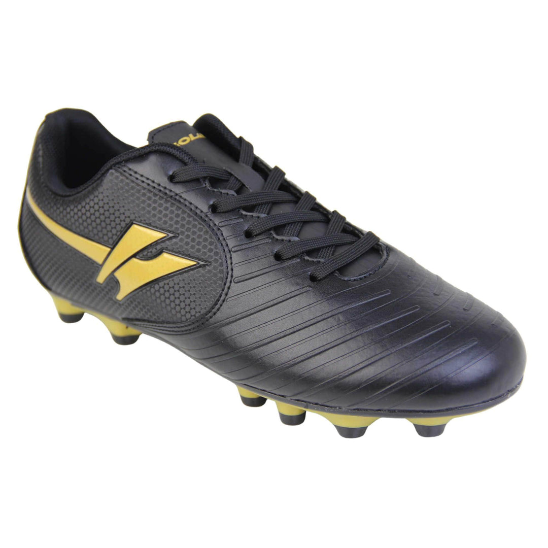 Kids football boots. Black football boots with line detailing to the toes. Lace-up fastening to the front. Gold Gola logo to the side and gold Gola branding to the tongue. Black sole with gold accents and studs to the base. Right foot at an angle.