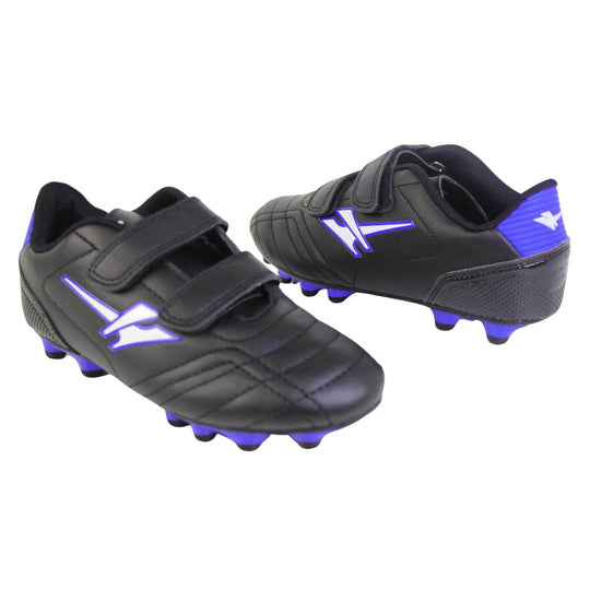 Astroturf football boots. Black boots with stitched line details. Two touch close fastening straps to the front. White Gola logo on the side with blue outline. White Gola branding to the tongue and blue patch to heel. Black sole and studs with blue edging. Both feet facing top to tail from an angle.