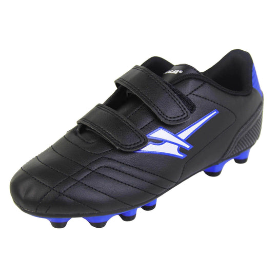 Astroturf football boots. Black boots with stitched line details. Two touch close fastening straps to the front. White Gola logo on the side with blue outline. White Gola branding to the tongue and blue patch to heel. Black sole and studs with blue edging. Left foot at an angle.