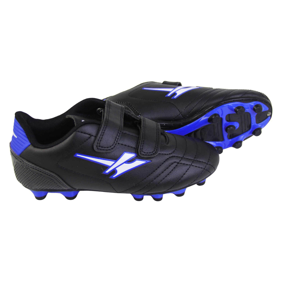 Astroturf football boots. Black boots with stitched line details. Two touch close fastening straps to the front. White Gola logo on the side with blue outline. White Gola branding to the tongue and blue patch to heel. Black sole and studs with blue edging. Both feet from side profile with the left foot on its side to show the sole.