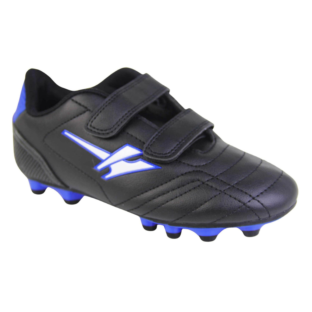 Astroturf football boots. Black boots with stitched line details. Two touch close fastening straps to the front. White Gola logo on the side with blue outline. White Gola branding to the tongue and blue patch to heel. Black sole and studs with blue edging. Right foot at an angle.