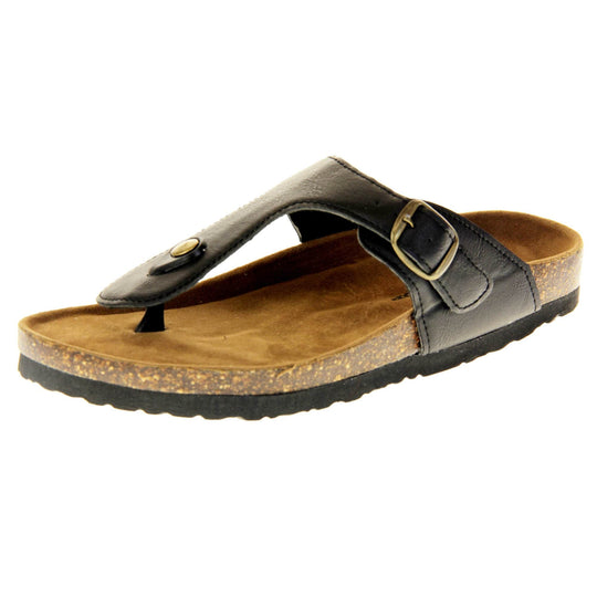 Black buckle sandals. Black faux leather strap with toe post to the front and gold buckle to the outside. Soft tan faux suede footbed with cork effect outsole and black sole. Left foot at an angle.
