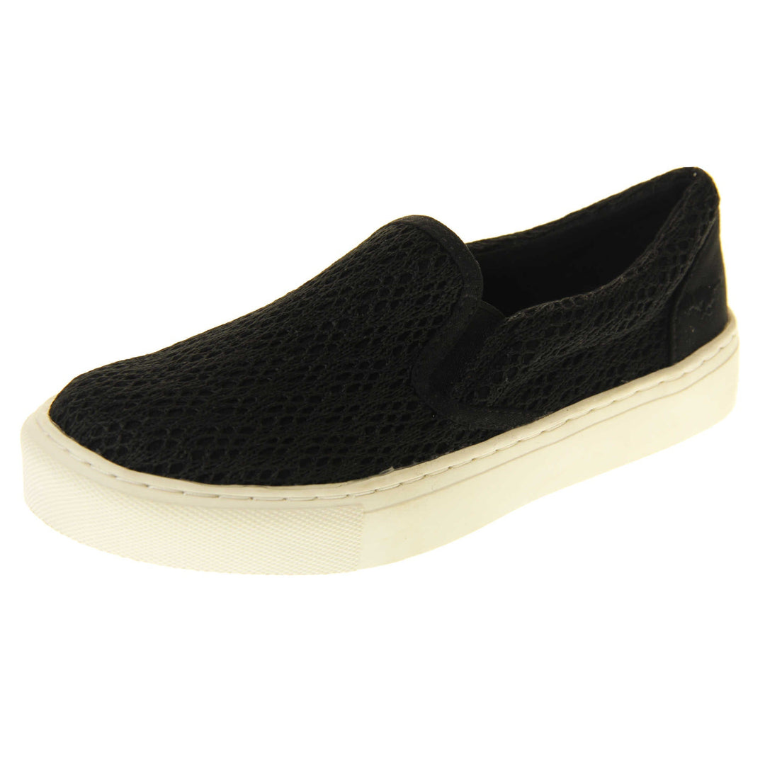 Black crochet shoes. Slip on plimsoll style shoes with a black canvas upper with a crochet overlay. Black elasticated gusset. White flat platform sole. Left foot at an angle.