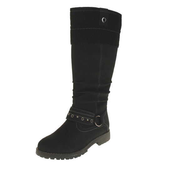 Black faux nubuck knee high boot. Tall boots with a black faux nubuck leather upper with a felt decorative cuff around the top. A strap with stud embellishment goes around the front of the ankle connected by a silver loop. Stitching detail around the outsole and the ankle. Full length zip to the inside leg. Left foot at an angle.