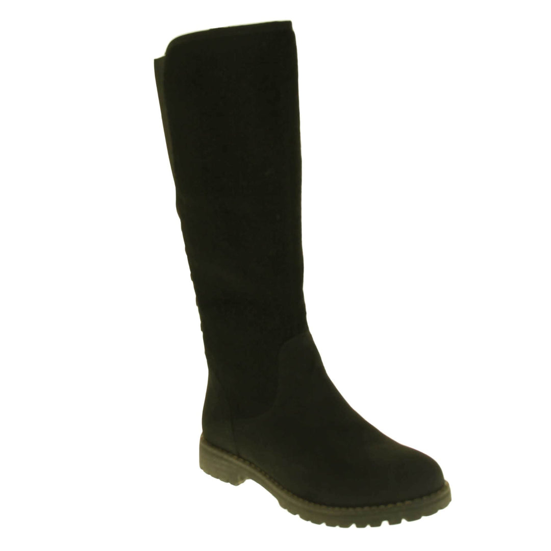 Black knee high boots with zip. Tall boots with a black faux nubuck leather and felt upper with an elastic panel and decorative laces to the back. Stitching detailing around the outsole and the ankle. Full length zip to the inside leg. Right foot at an angle.