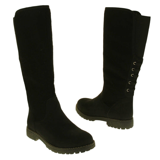 Black knee high boots with zip. Tall boots with a black faux nubuck leather and felt upper with an elastic panel and decorative laces to the back. Stitching detailing around the outsole and the ankle. Full length zip to the inside leg. Both feet from a slight angle facing top to tail.