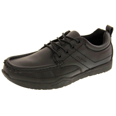 Black school shoes. Gola black leather school shoes, similar to trainer style. With stitched detailing and Gola branding embossed into the side. With black laces and a black loop on the heel to help pull the on. Black sole with good grip. Left foot at an angle.