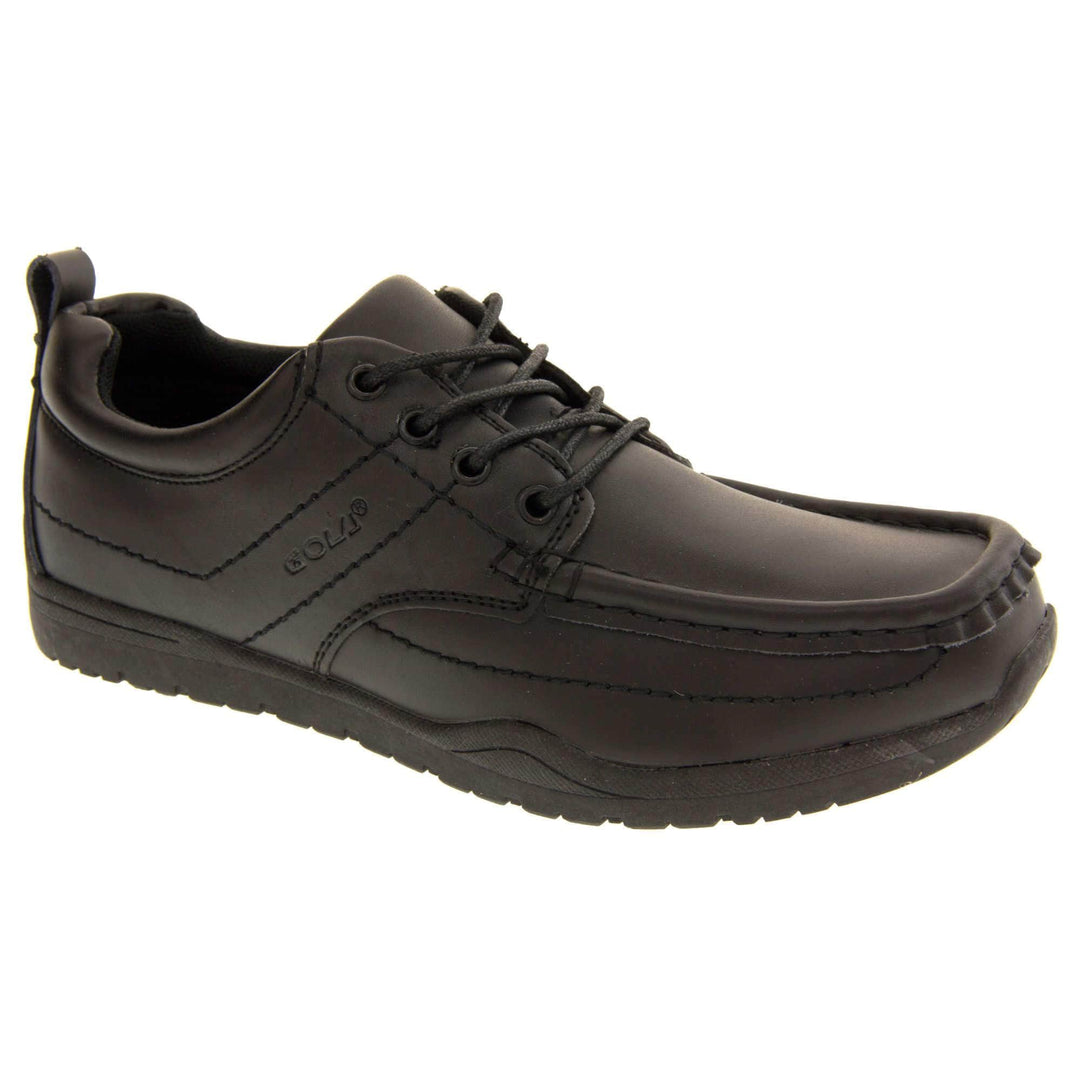Black school shoes. Gola black leather school shoes, similar to trainer style. With stitched detailing and Gola branding embossed into the side. With black laces and a black loop on the heel to help pull the on. Black sole with good grip. Right foot at an angle.