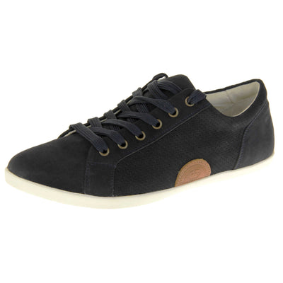 Black suede trainers. Women's shoes in a sneaker style with a black faux suede upper. Tiny dot cut-out detailing to the side of the shoe. Black laces and a brown half-circle to the side of the shoe with Keddo branding on it. White leather lining and sole. Left foot at an angle.