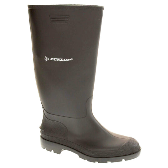 Black wellies. Black knee high wellies with a waterproof rubber upper and sole. With white Dunlop logo and brand on the side. Right foot at an angle.