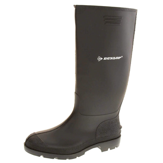 Black wellies. Black knee high wellies with a waterproof rubber upper and sole. With white Dunlop logo and brand on the side. Left foot at an angle.