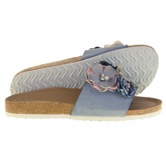 Blue Flower Sandals - Stunning festival style flowers across the top strap decorated with pearls and diamantes. Soft tan faux leather footbed sandals with white soles. Perfect for weddings, beaches, holidays or casual wear. Side and outsole view.