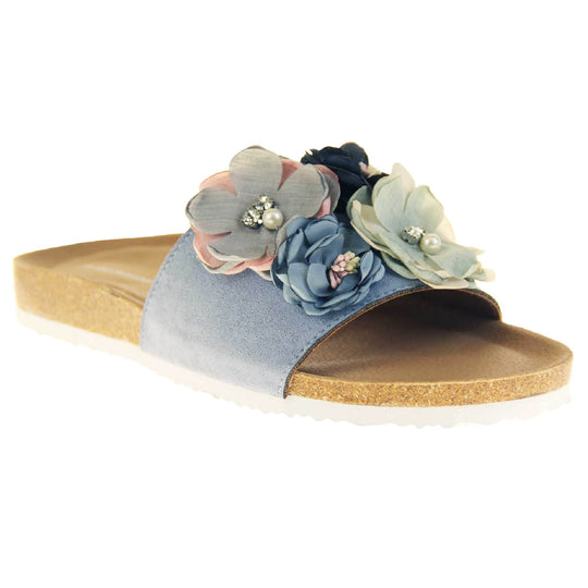 Blue Flower Sandals - Stunning festival style flowers across the top strap decorated with pearls and diamantes. Soft tan faux leather footbed sandals with white soles. Perfect for weddings, beaches, holidays or casual wear. Angled right side view.