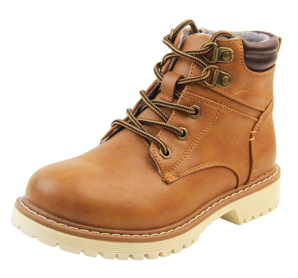 Boys classic tan ankle boots with a black padded collar. Lace up front with zip fastening side. Left foot view