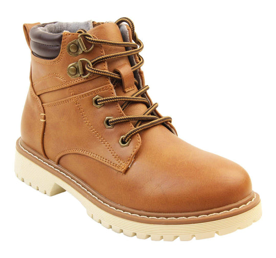 Boys classic tan ankle boots with a black padded collar. Lace up front with zip fastening side. Left foot viee