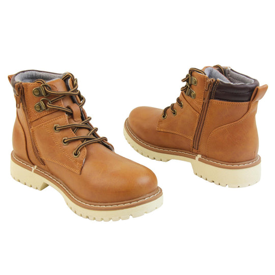 Boys classic tan ankle boots with a black padded collar. Lace up front with zip fastening side. both inside zip fasten view