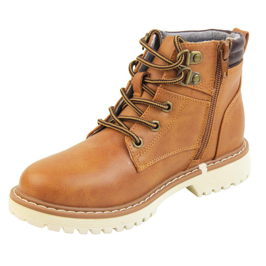 Boys classic tan ankle boots with a black padded collar. Lace up front with zip fastening side. Right foot view