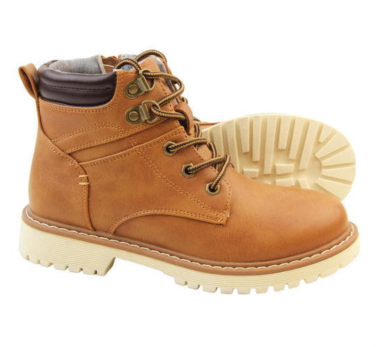 Boys classic tan ankle boots with a black padded collar. Lace up front with zip fastening side. Right foot view with sole