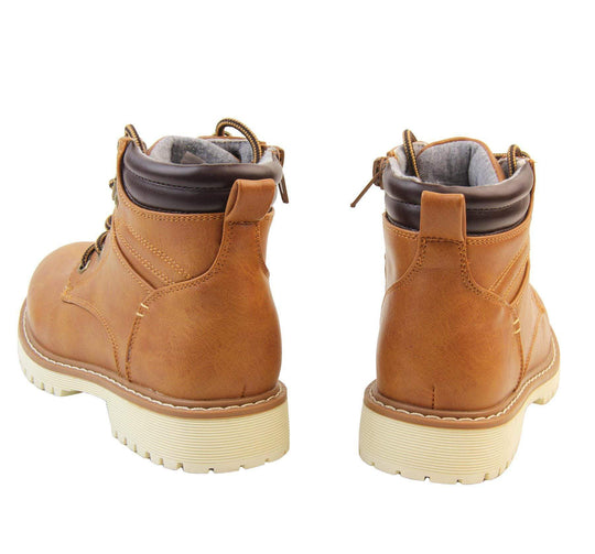 Boys classic tan ankle boots with a black padded collar. Lace up front with zip fastening side. Back of both view