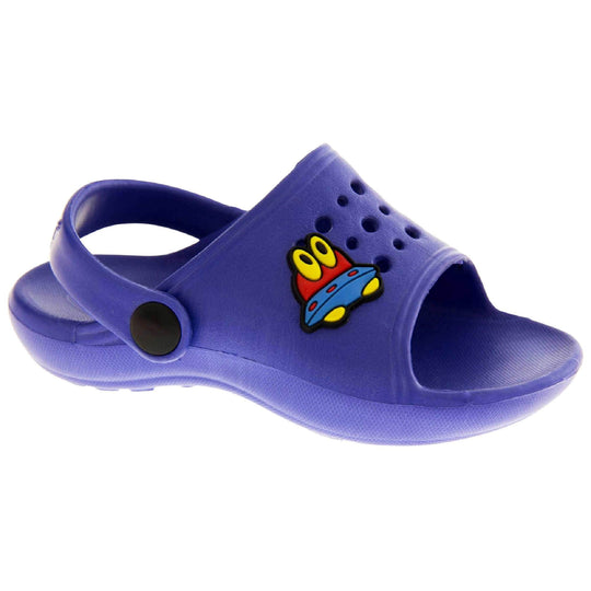 Boys Clogs. Blue synthetic clog style shoes. Open toed with cut out holes in the upper with alien detail just off centre. Blue strap that goes along the back of your heel. The strap can be moved along the top of the shoe instead to make the shoe a mule. Right foot at an angle