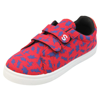 Boys dinosaur shoes. Kids trainers with a red canvas upper with blue dinosaur print. Two touch fasten straps over the top of the shoe with the top strap having the Skyrocket S logo on the end. Black textile lining and white chunky sole. Left foot at an angle.
