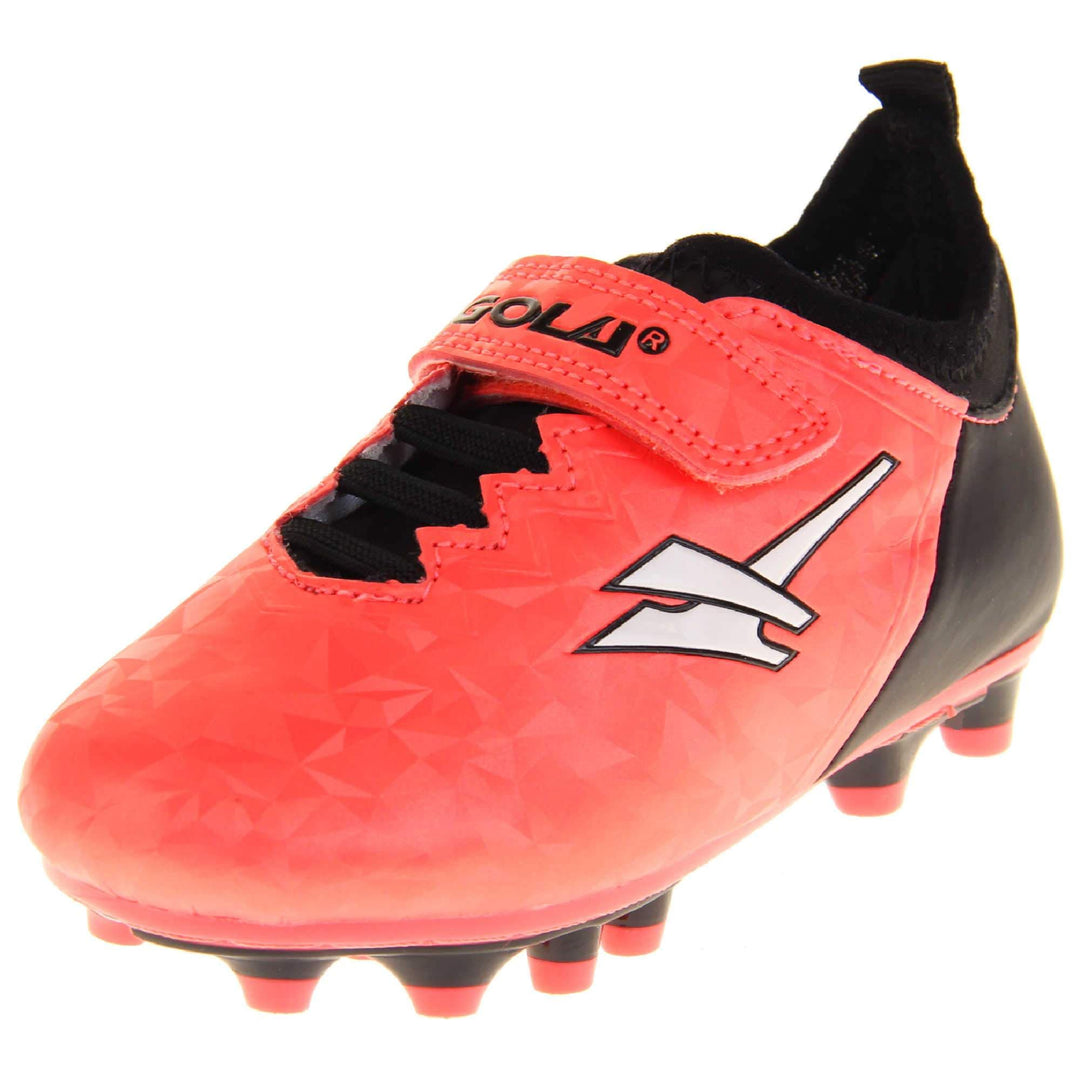 Kids football boots. Metallic red Gola boots with white Gola logo to the sides. With black heel, tongue and black elastic lace detail to the front. Red touch close strap with Gola branding across it. Black sole with red accents and studs. Left foot at an angle