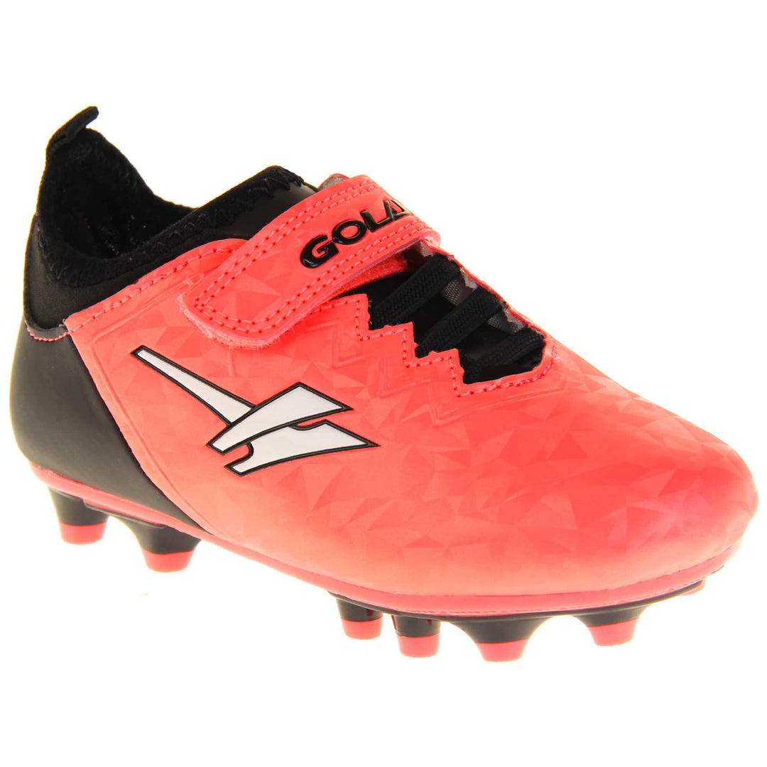 Kids football boots. Metallic red Gola boots with white Gola logo to the sides. With black heel, tongue and black elastic lace detail to the front. Red touch close strap with Gola branding across it. Black sole with red accents and studs. Right foot at an angle