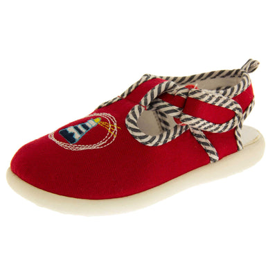 Boys sandals. Red canvas sandals with cut out heel. White sole with lighthouse detail on the front of the shoes and blue and white striped edging. Left foot at angle.